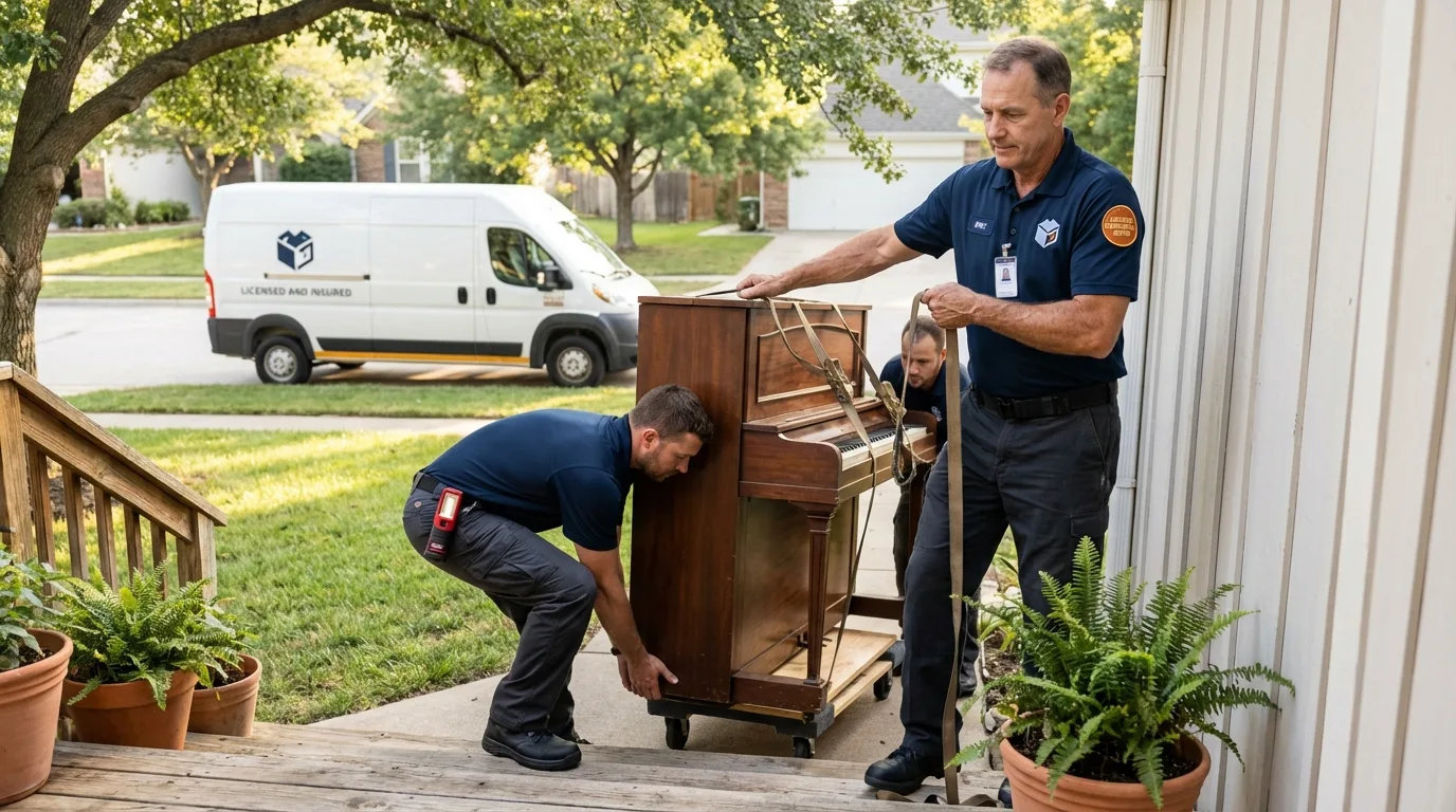 Licensed piano movers securing grand piano in Jeffersonville, GA