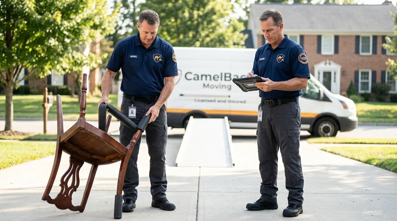 Movers inspecting furniture for damage prevention before loading in Jeffersonville, GA