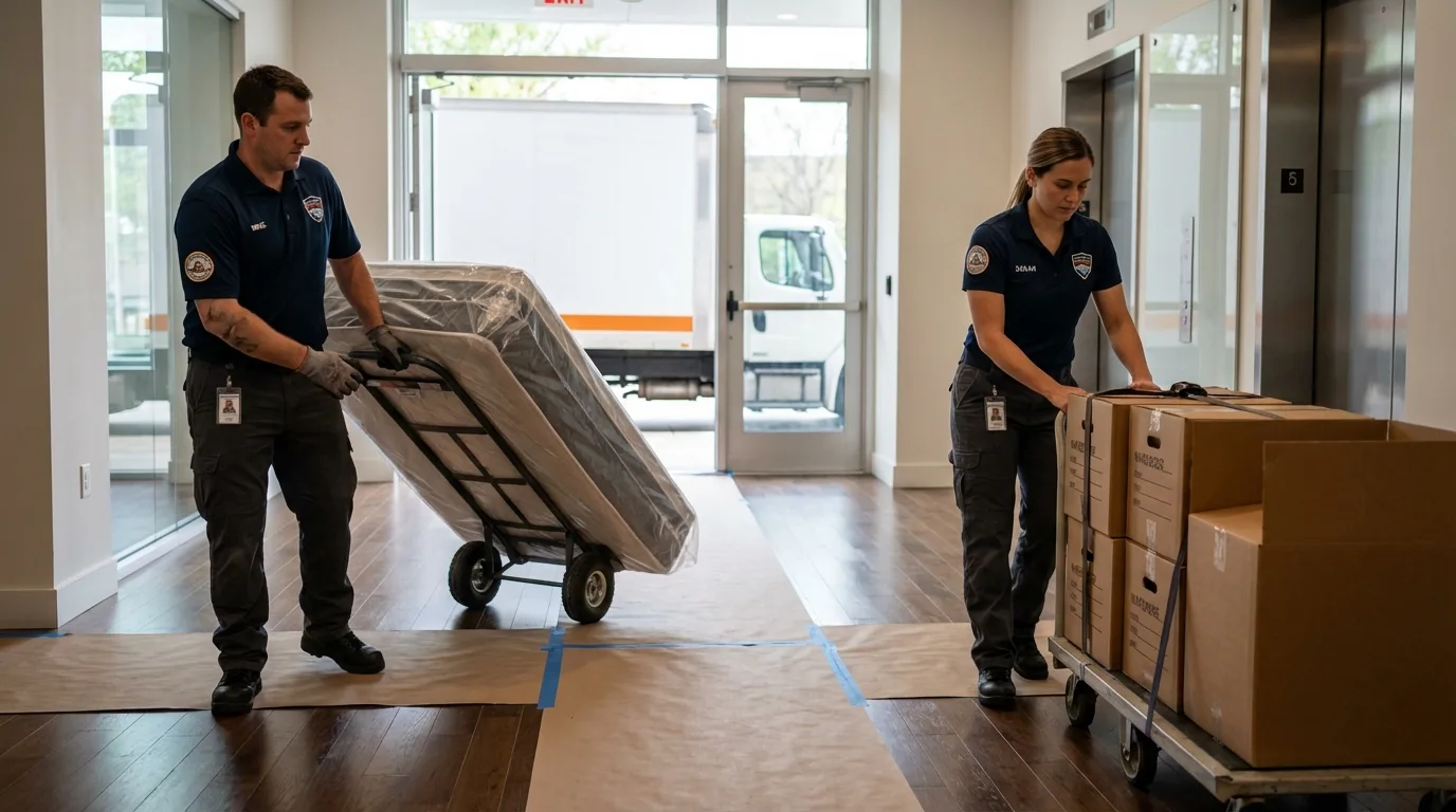 Professional apartment movers loading elevator in Jeffersonville, GA